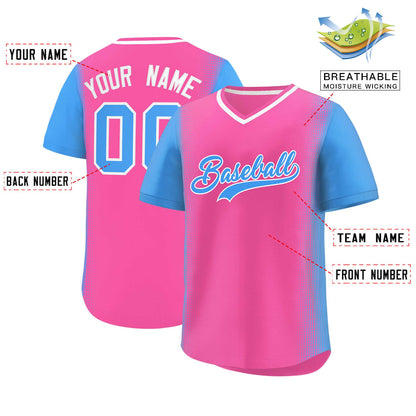 Custom Pink Powder Blue Personalized Raglan Sleeves Authentic Pullover Baseball Jersey