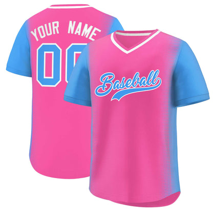 Custom Pink Powder Blue Personalized Raglan Sleeves Authentic Pullover Baseball Jersey