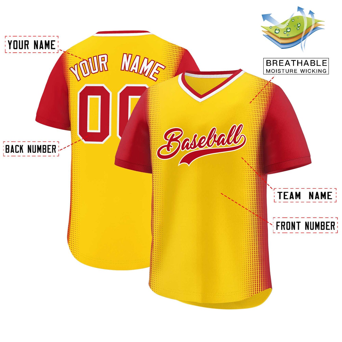 Custom Gold Red Personalized Raglan Sleeves Authentic Pullover Baseball Jersey