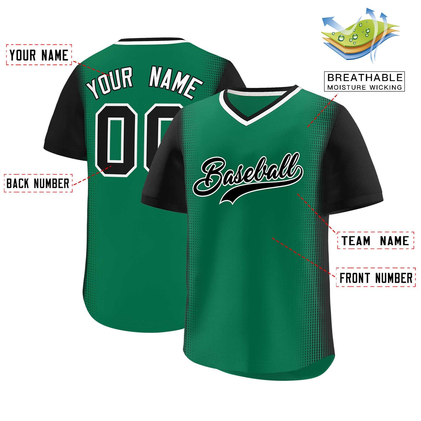 Custom Kelly Green Black Personalized Raglan Sleeves Authentic Pullover Baseball Jersey