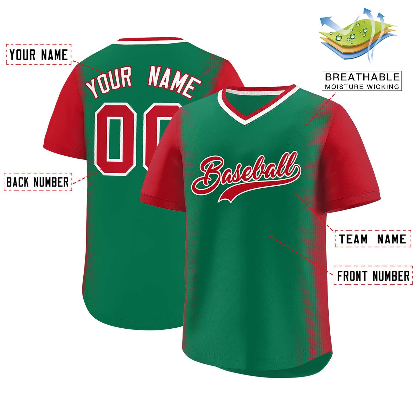 Custom Kelly Green Red Personalized Raglan Sleeves Authentic Pullover Baseball Jersey