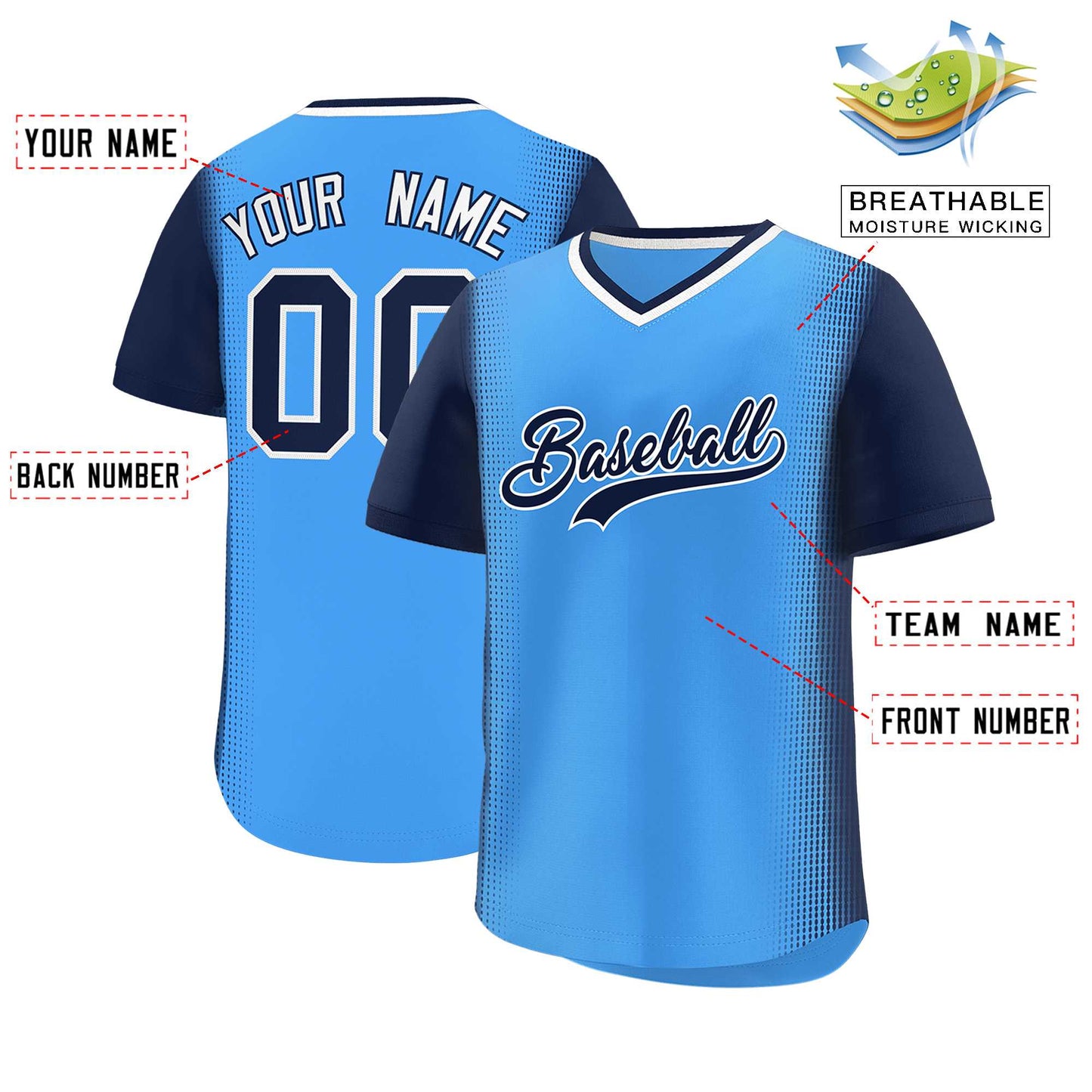 Custom Powder Blue Navy Personalized Raglan Sleeves Authentic Pullover Baseball Jersey