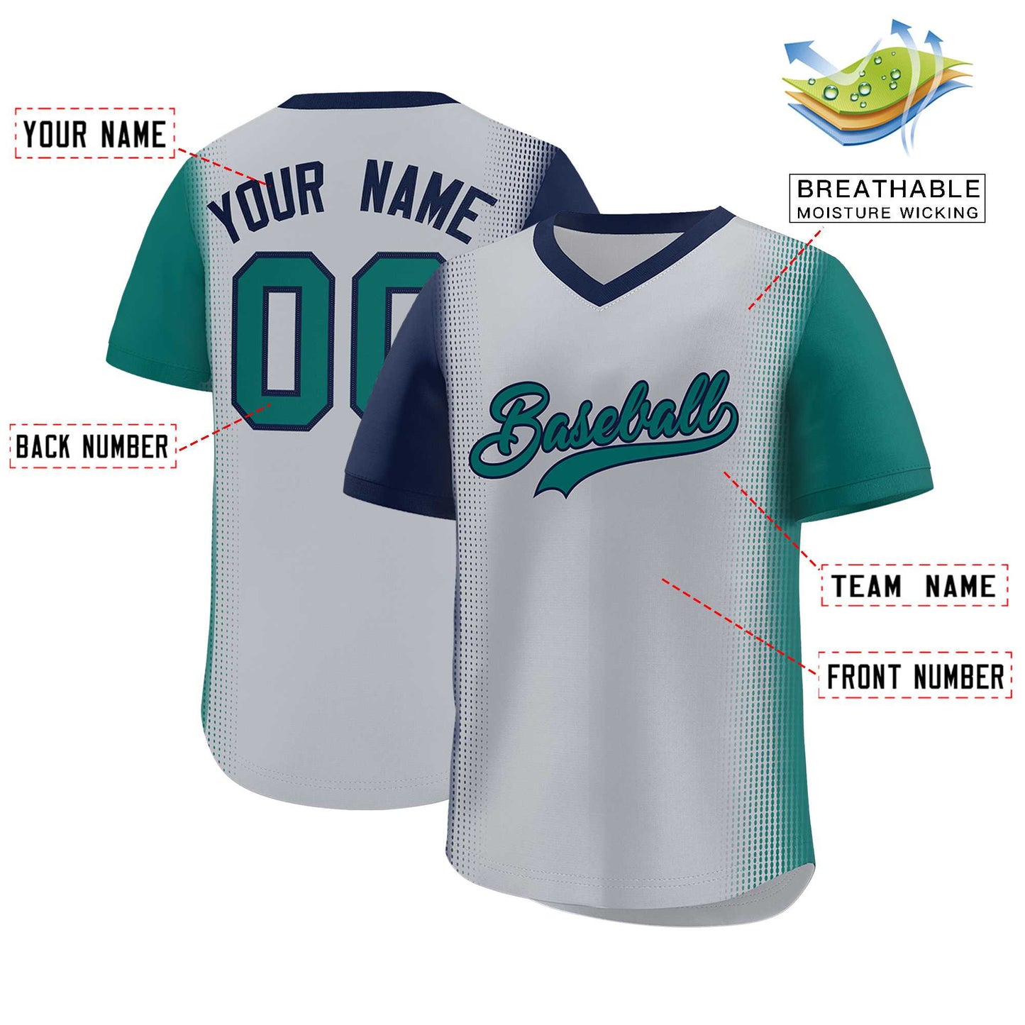 Custom Gray Navy-Aqua Personalized Raglan Sleeves Authentic Pullover Baseball Jersey