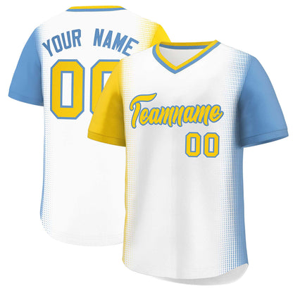 Custom White Gold-Light Blue Personalized Raglan Sleeves Authentic Pullover Baseball Jersey