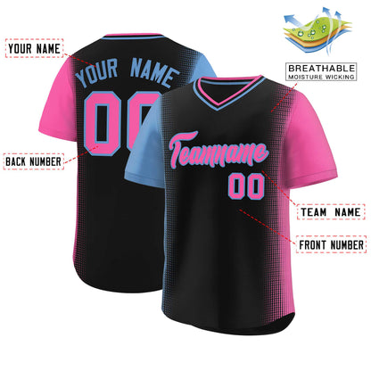 Custom Black Light Blue-Pink Personalized Raglan Sleeves Authentic Pullover Baseball Jersey