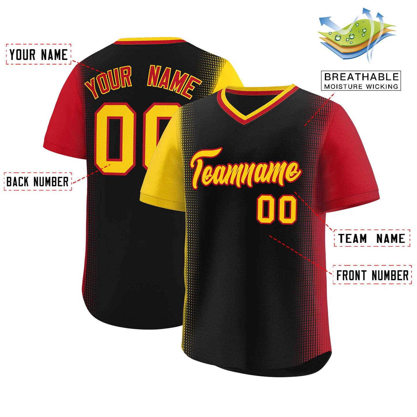 Custom Black Gold-Red Personalized Raglan Sleeves Authentic Pullover Baseball Jersey