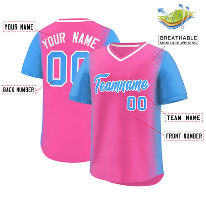 Custom Pink Powder Blue Personalized Raglan Sleeves Authentic Pullover Baseball Jersey