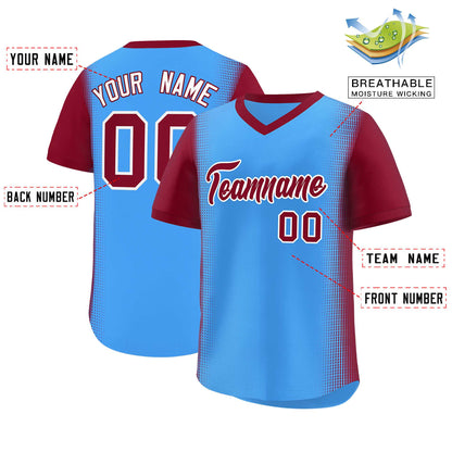 Custom Powder Blue Crimson Personalized Raglan Sleeves Authentic Pullover Baseball Jersey