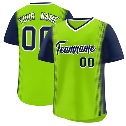 Custom Neon Green Navy Personalized Raglan Sleeves Authentic Pullover Baseball Jersey