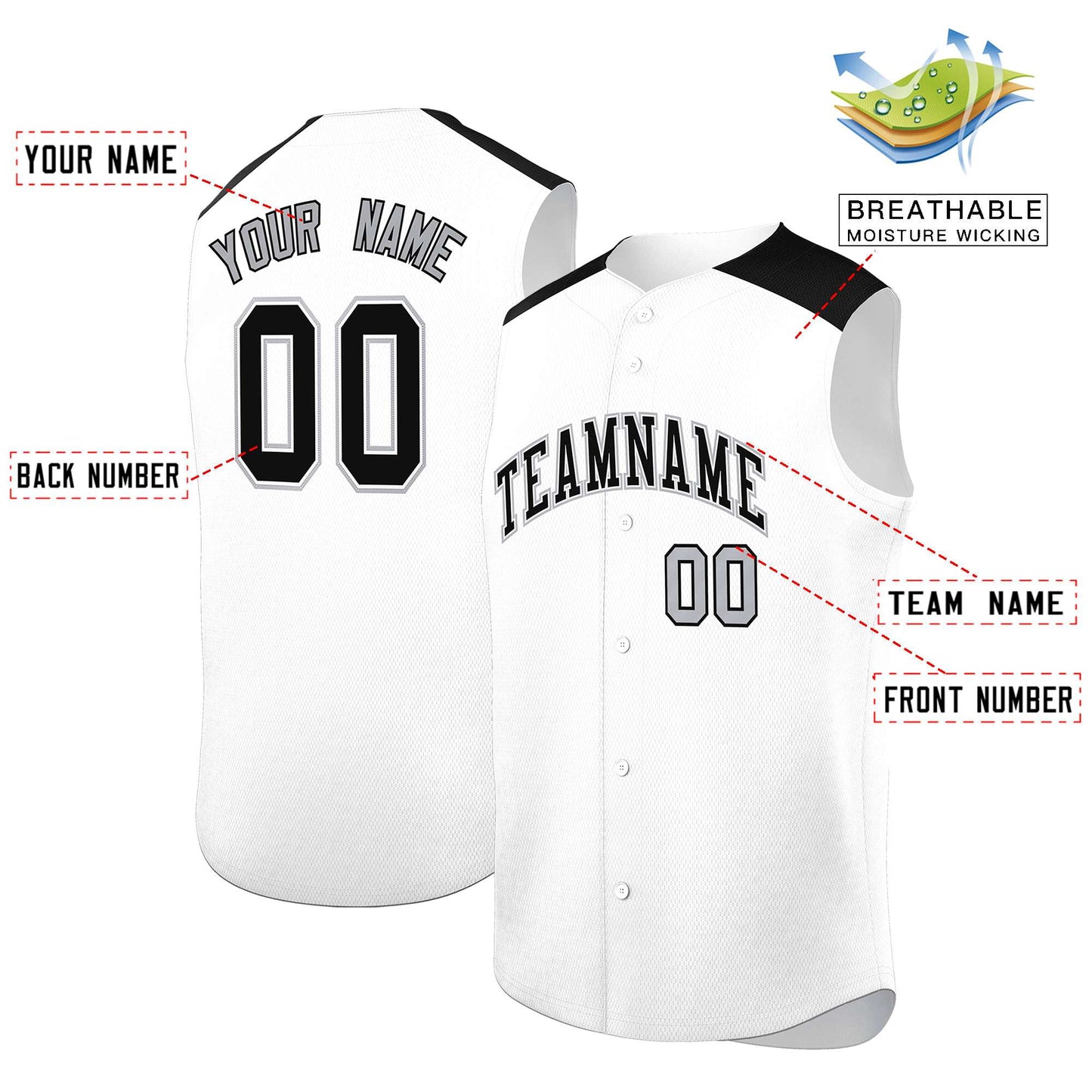 Custom White Black Personalized Classic Authentic Sleeveless Baseball Jersey