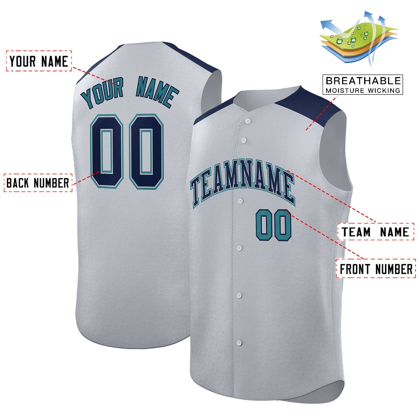 Custom Gray Navy Personalized Classic Authentic Sleeveless Baseball Jersey