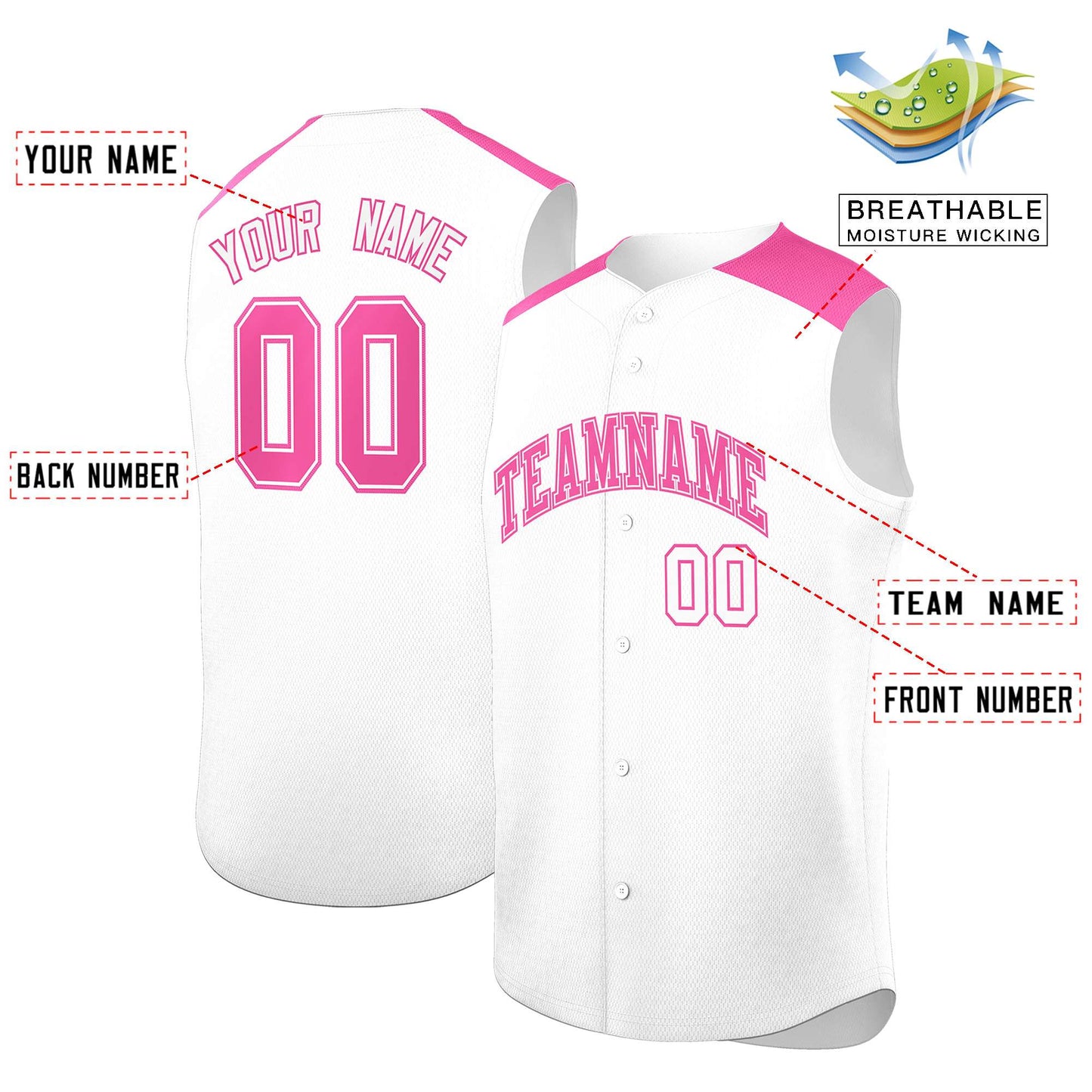 Custom White Pink Personalized Classic Authentic Sleeveless Baseball Jersey