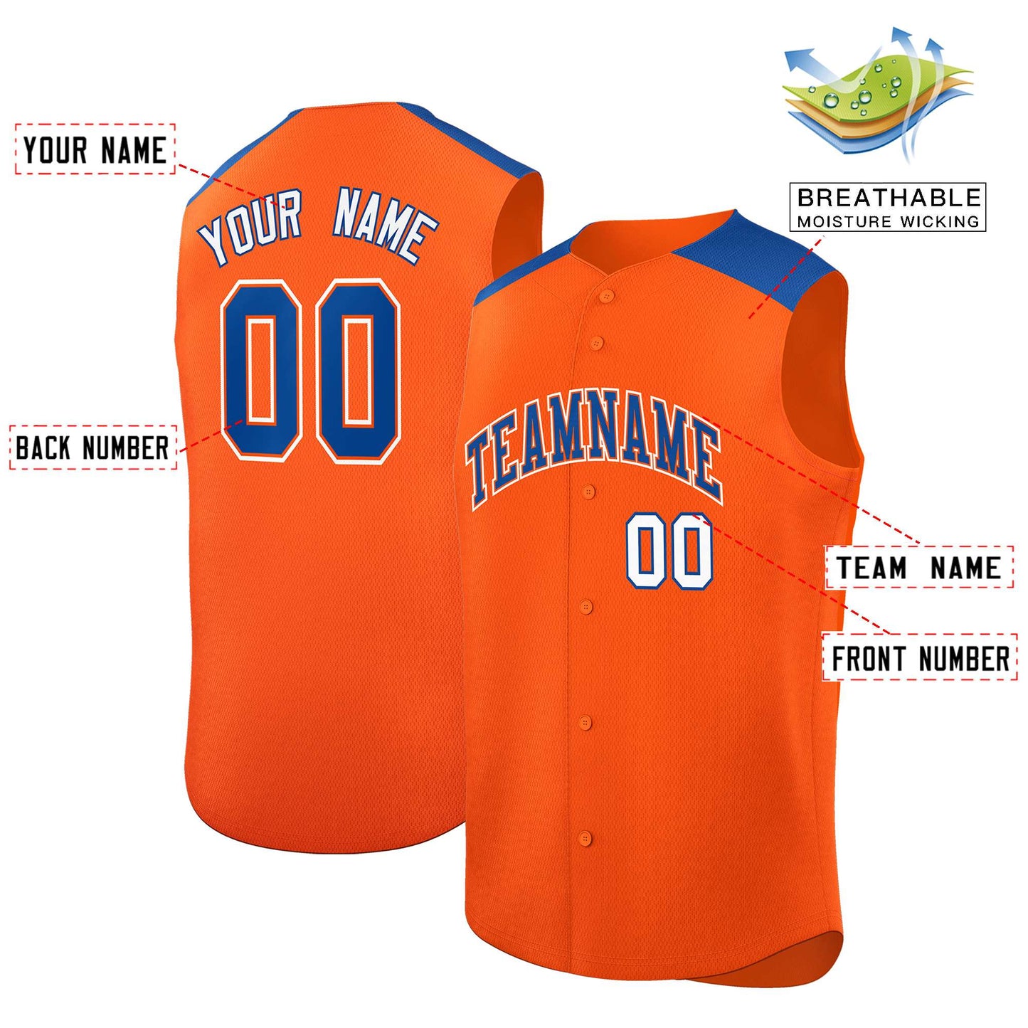 Custom Orange Royal Personalized Classic Authentic Sleeveless Baseball Jersey