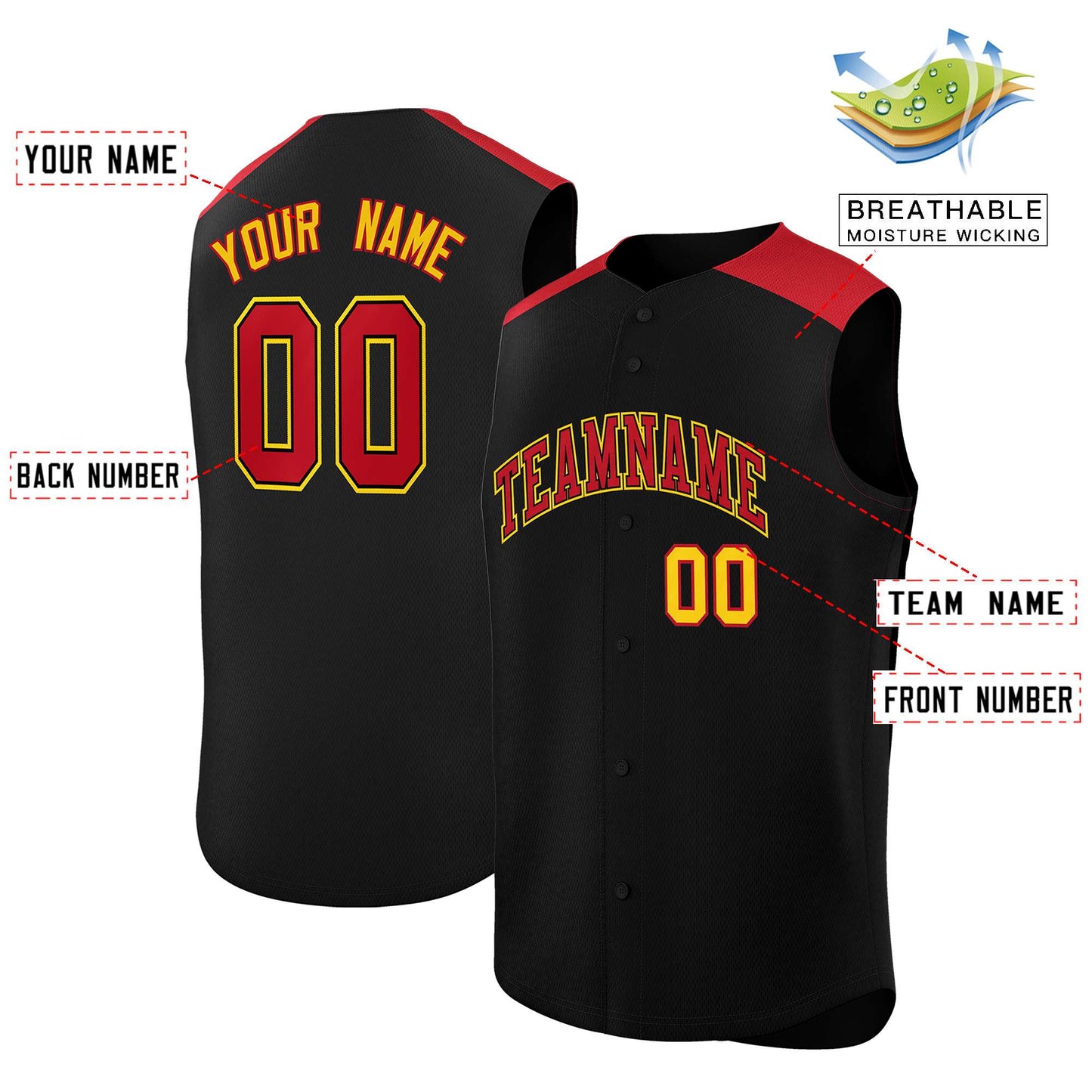 Custom Black Red Personalized Classic Authentic Sleeveless Baseball Jersey