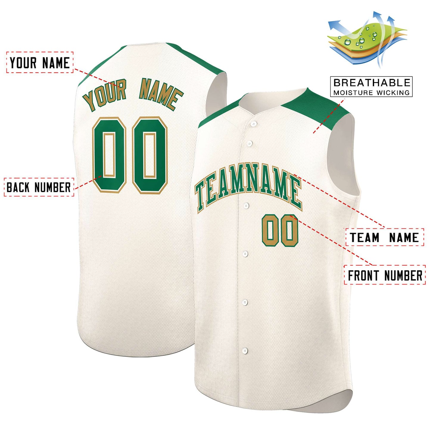 Custom Cream Kelly Green Personalized Classic Authentic Sleeveless Baseball Jersey