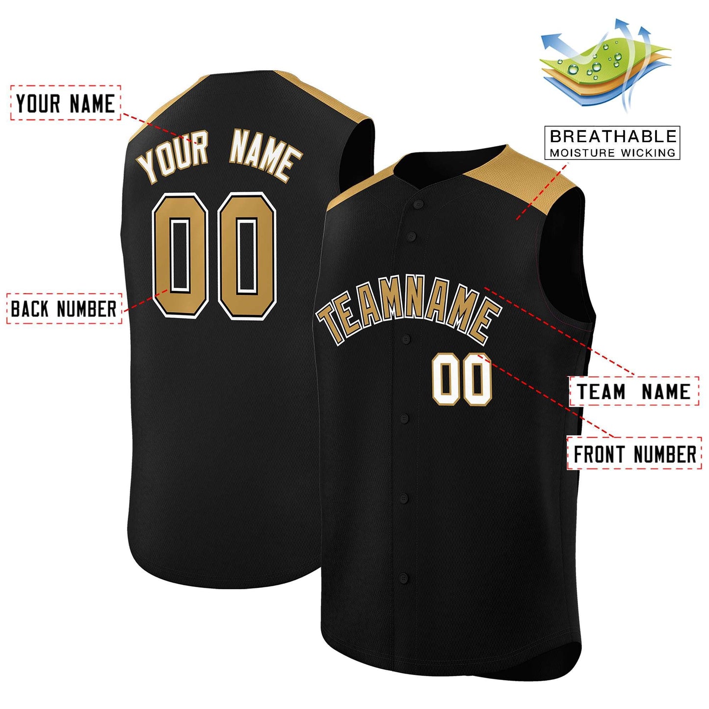 Custom Black Old Gold Personalized Classic Authentic Sleeveless Baseball Jersey