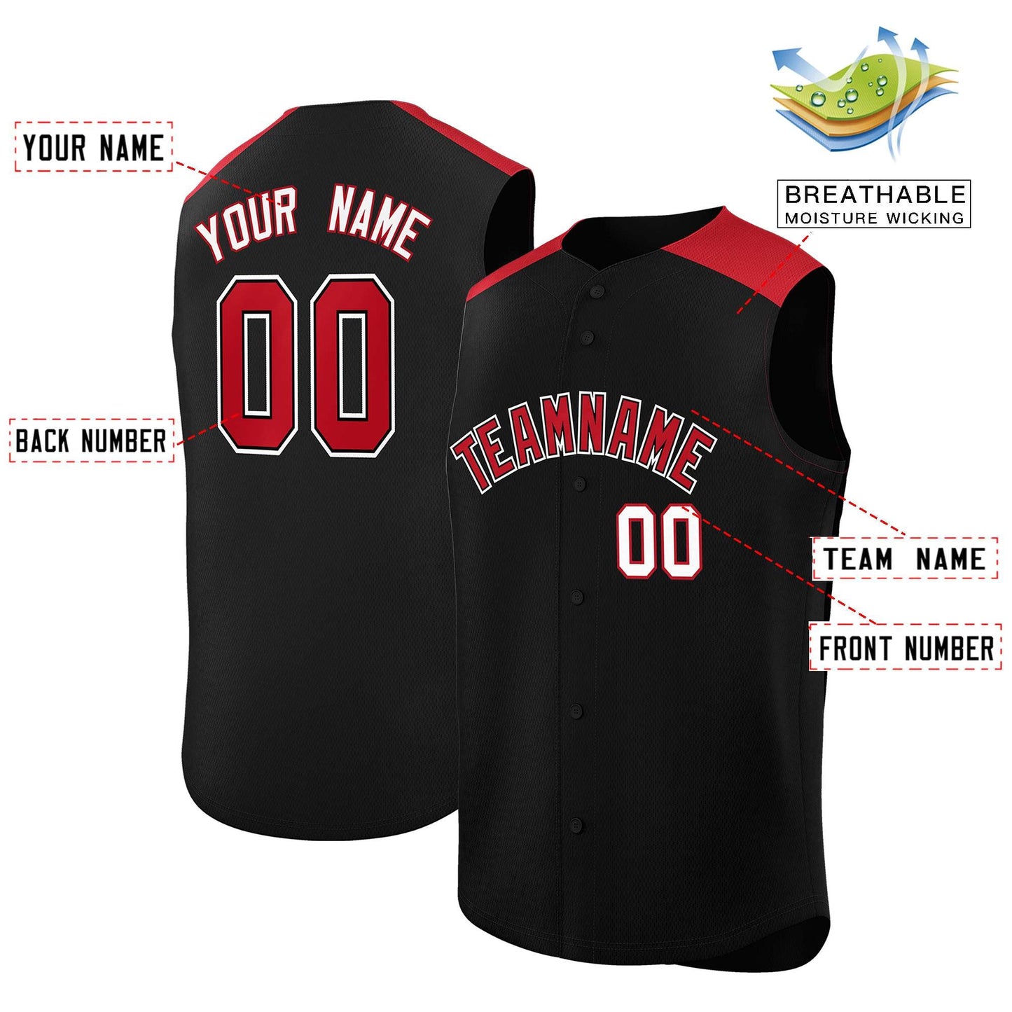 Custom Black Red Personalized Classic Authentic Sleeveless Baseball Jersey