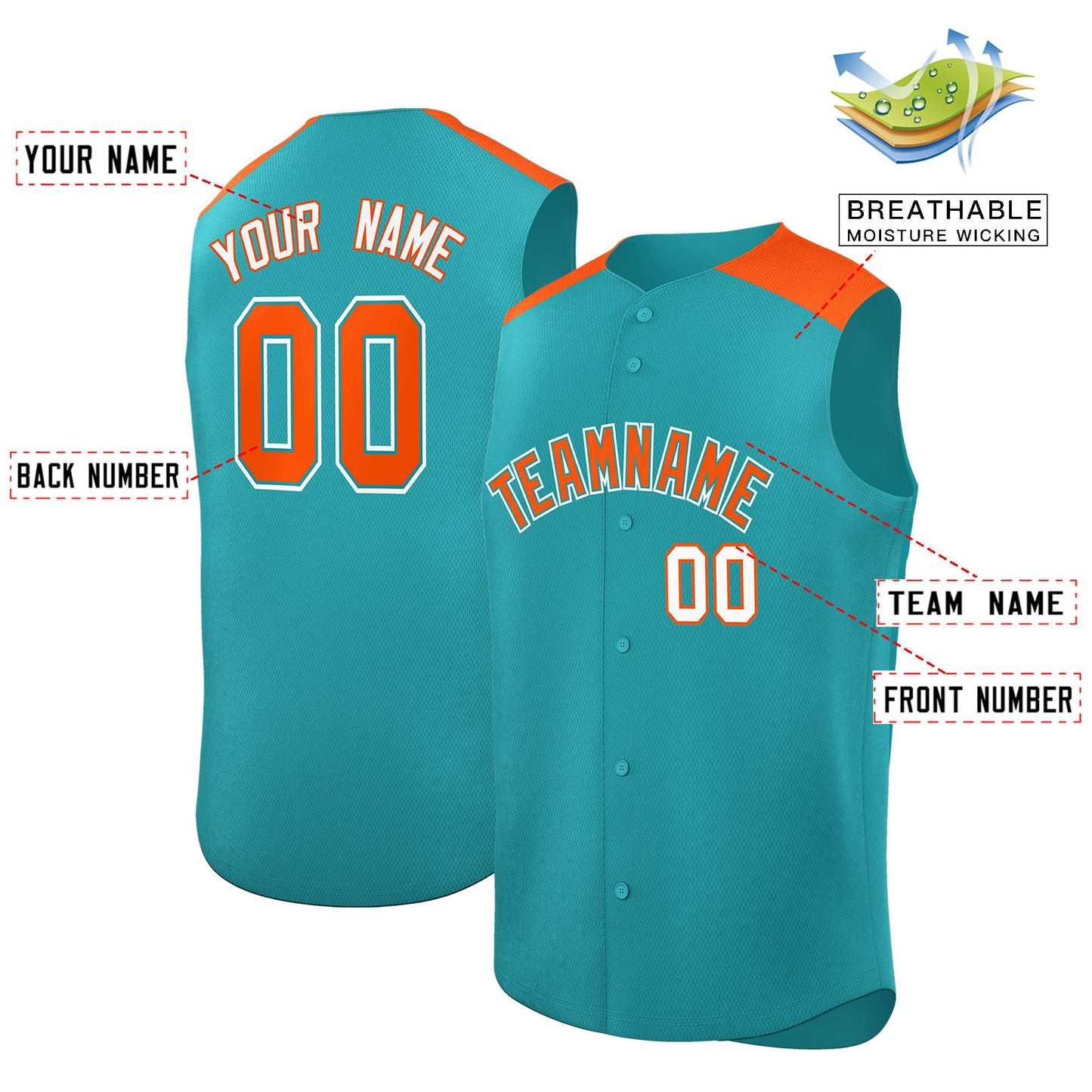 Custom Aqua Orange Personalized Classic Authentic Sleeveless Baseball Jersey