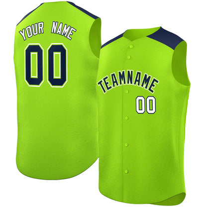 Custom Neon Green Navy Personalized Classic Authentic Sleeveless Baseball Jersey