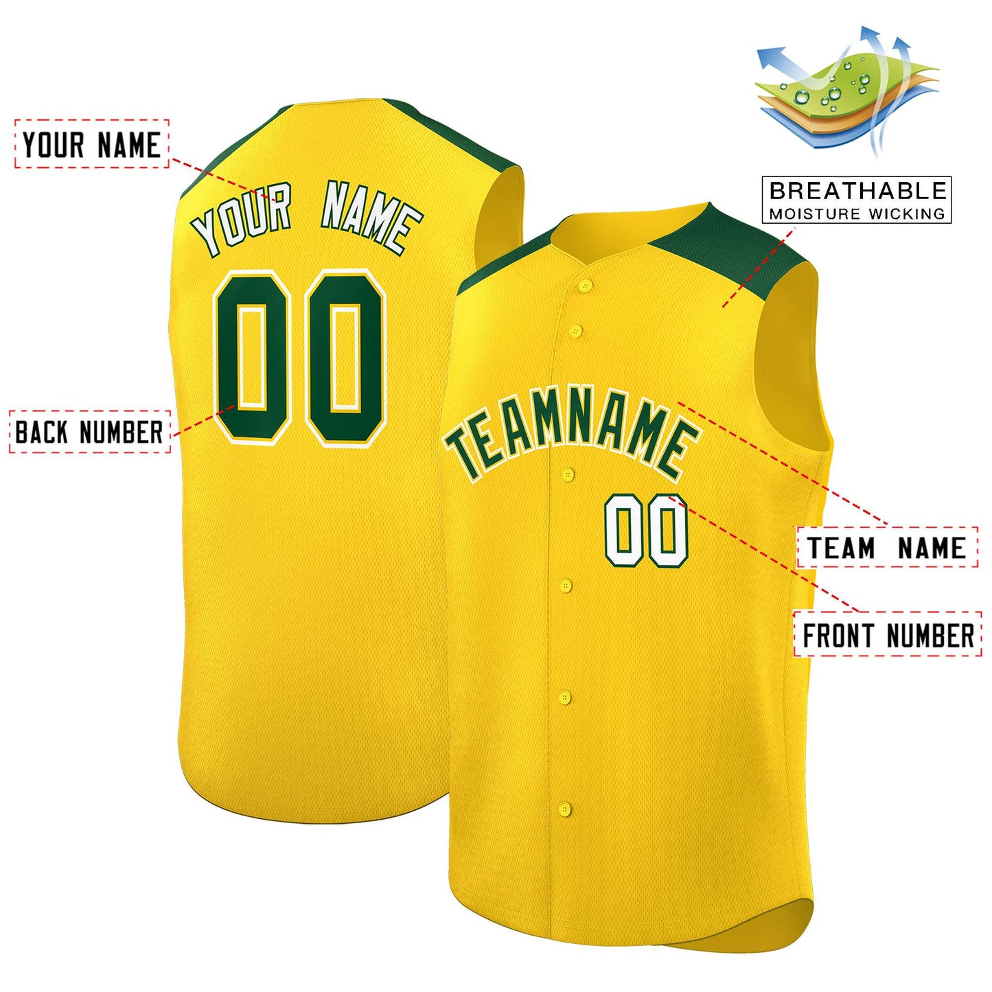 Custom Gold Green Personalized Classic Authentic Sleeveless Baseball Jersey