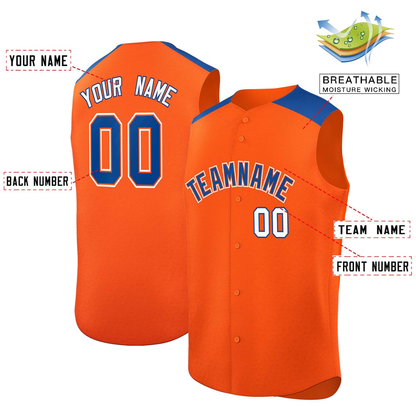 Custom Orange Royal Personalized Classic Authentic Sleeveless Baseball Jersey