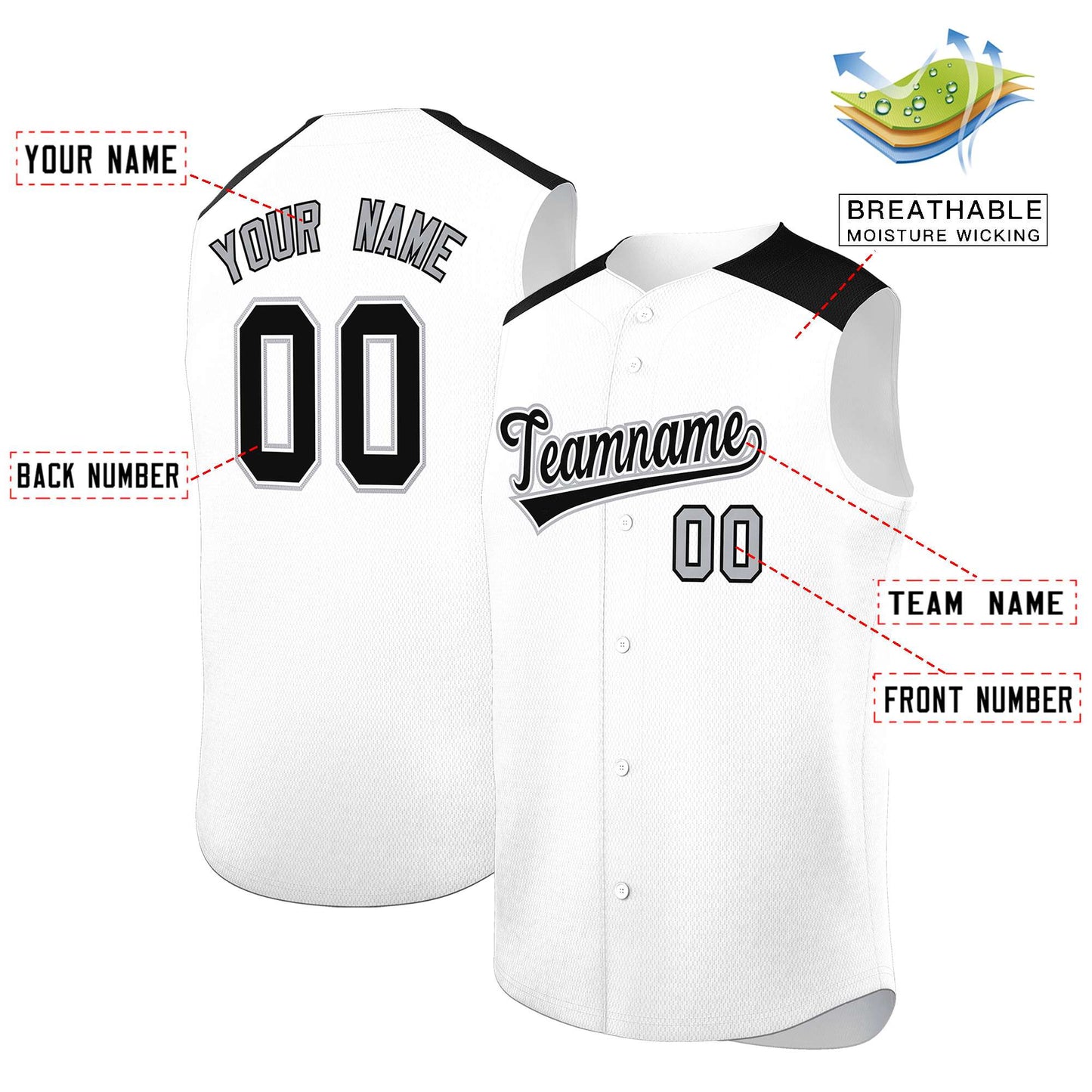 Custom White Black Personalized Classic Authentic Sleeveless Baseball Jersey