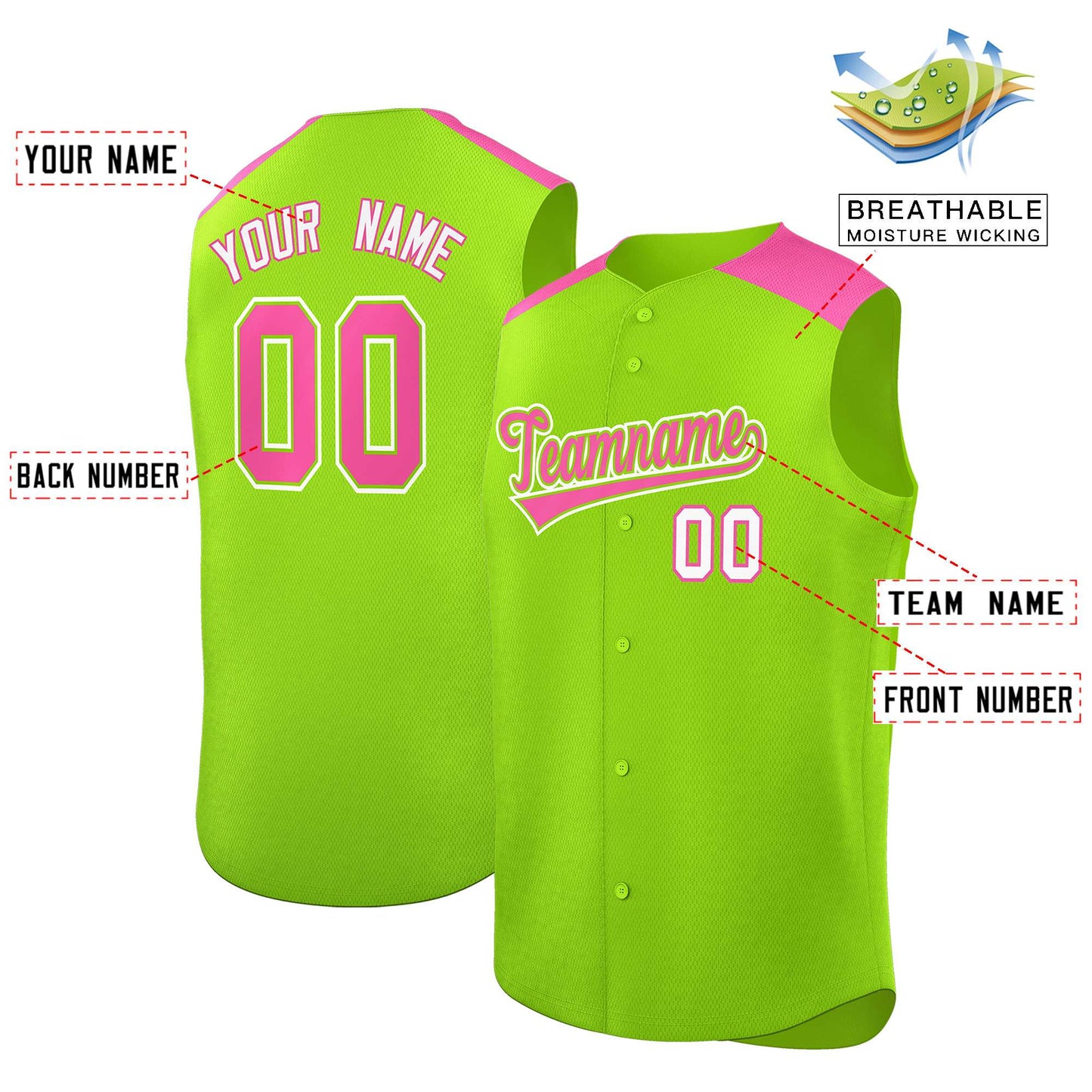 Custom Neon Green Pink Personalized Classic Authentic Sleeveless Baseball Jersey