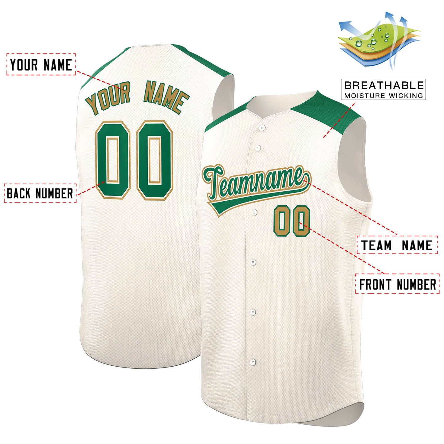 Custom Cream Kelly Green Personalized Classic Authentic Sleeveless Baseball Jersey