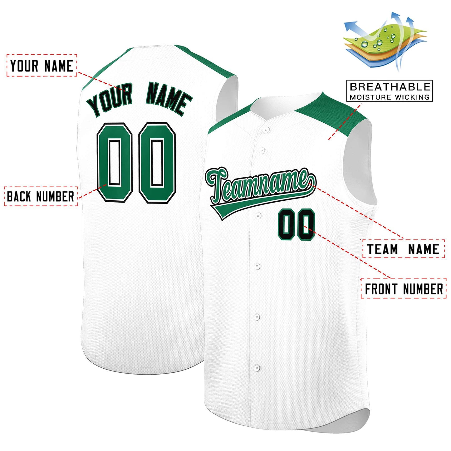 Custom White Kelly Green Personalized Classic Authentic Sleeveless Baseball Jersey