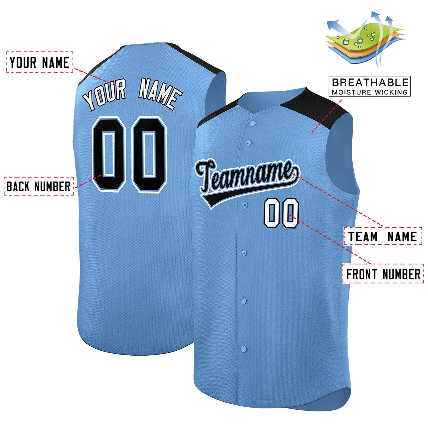 Custom Light Blue Black Personalized Classic Authentic Sleeveless Baseball Jersey