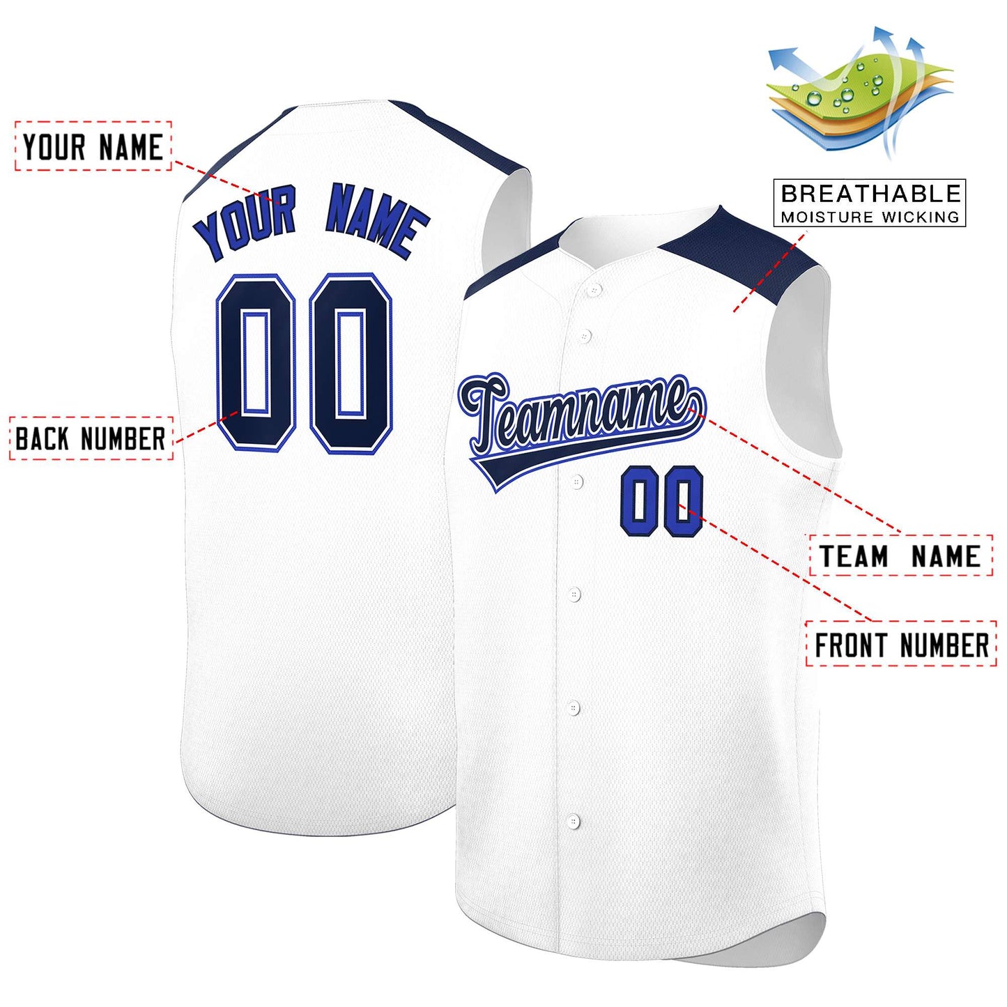 Custom White Navy Personalized Classic Authentic Sleeveless Baseball Jersey