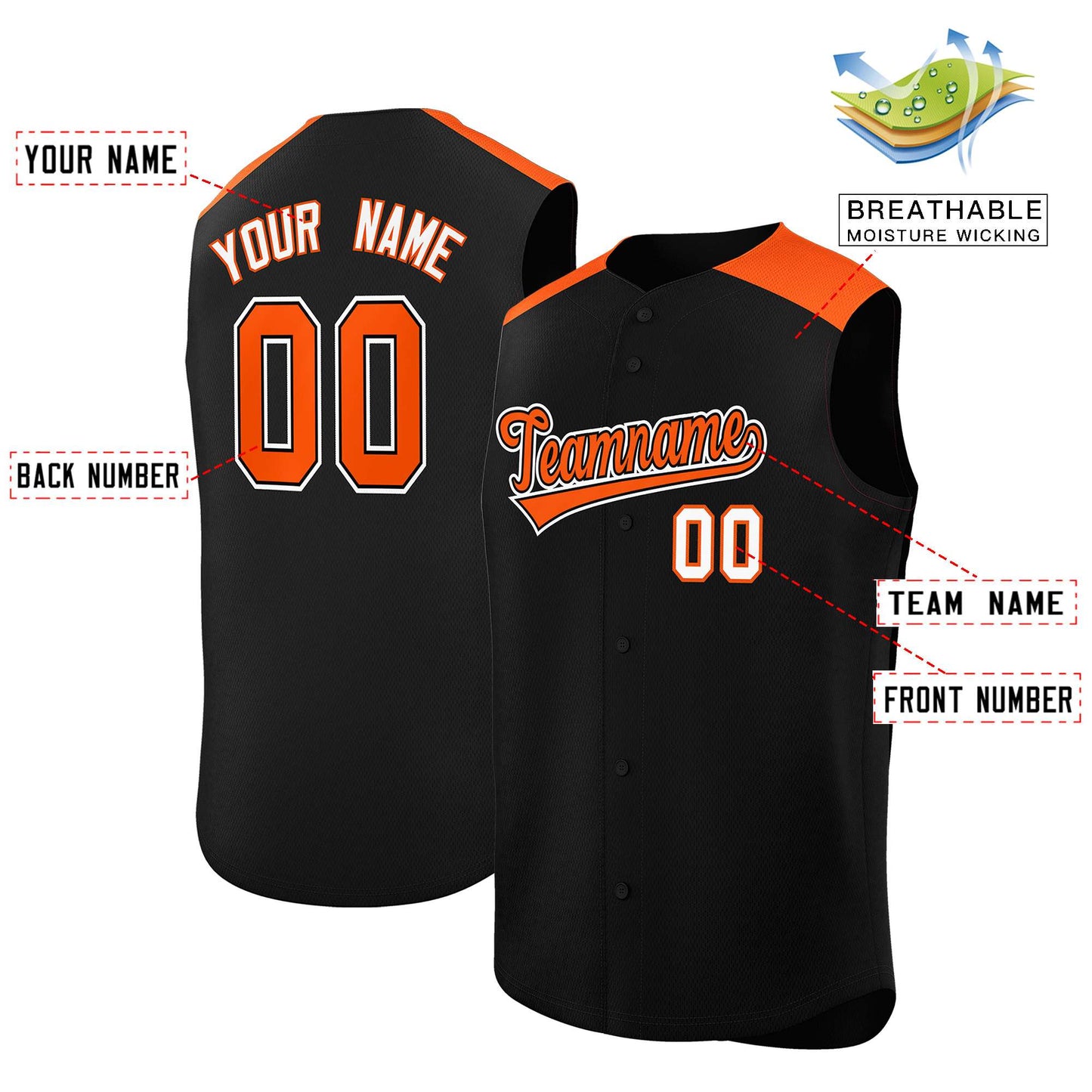 Custom Black Orange Personalized Classic Authentic Sleeveless Baseball Jersey