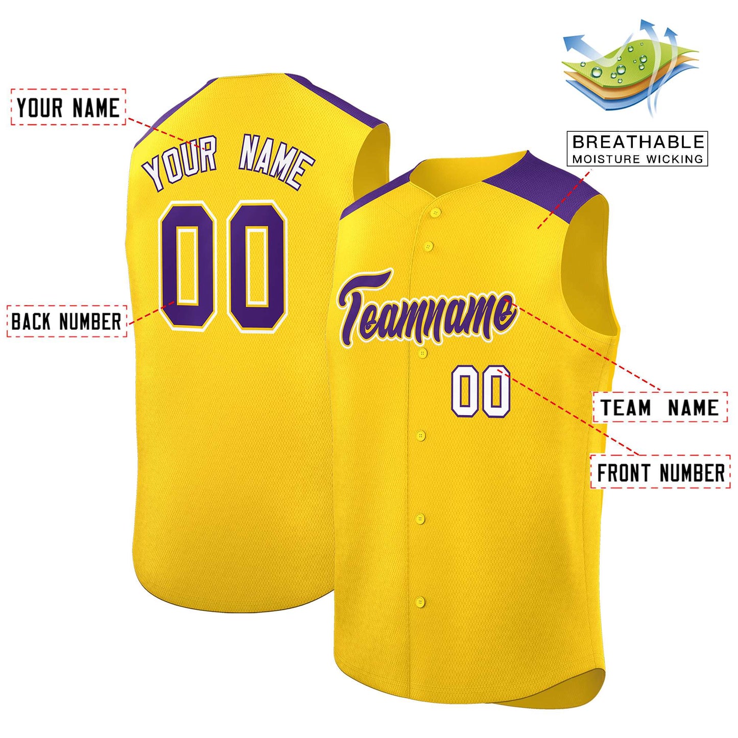 Custom Gold Purple Personalized Classic Authentic Sleeveless Baseball Jersey