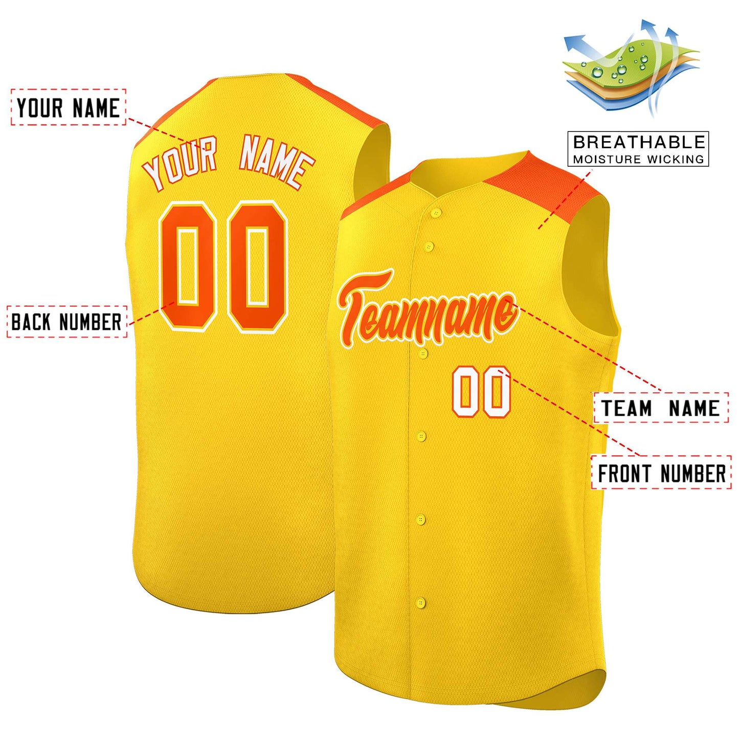 Custom Gold Orange Personalized Classic Authentic Sleeveless Baseball Jersey