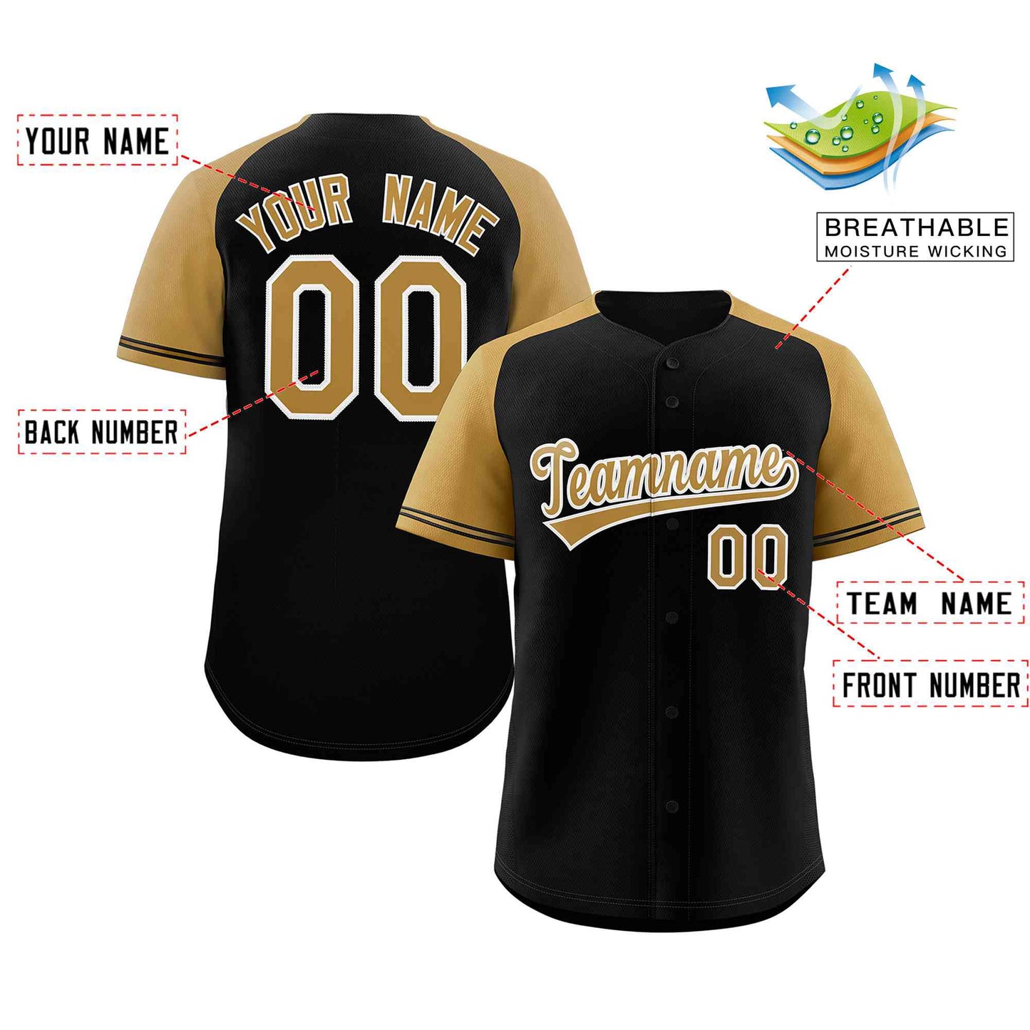 Custom Black Gold-White Raglan Sleeves Authentic Baseball Jersey