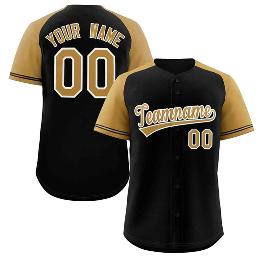 Custom Black Gold-White Raglan Sleeves Authentic Baseball Jersey