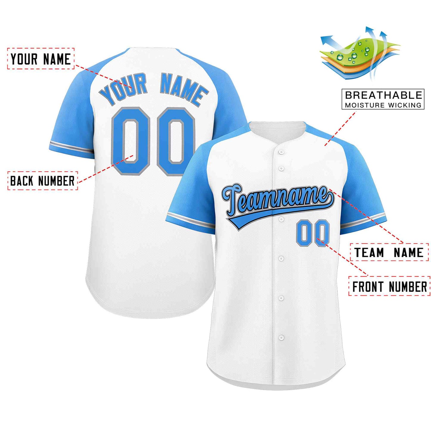 Custom White Light Blue-Black Raglan Sleeves Authentic Baseball Jersey