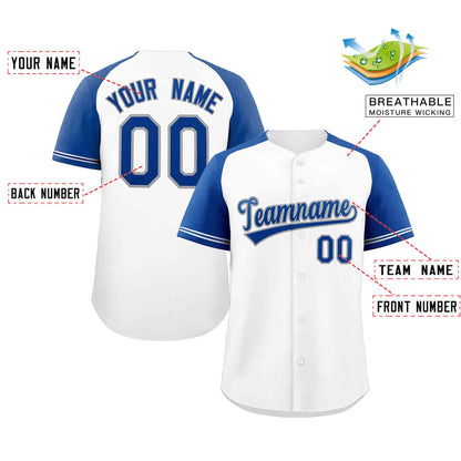 Custom White Royal-Gray Raglan Sleeves Authentic Baseball Jersey