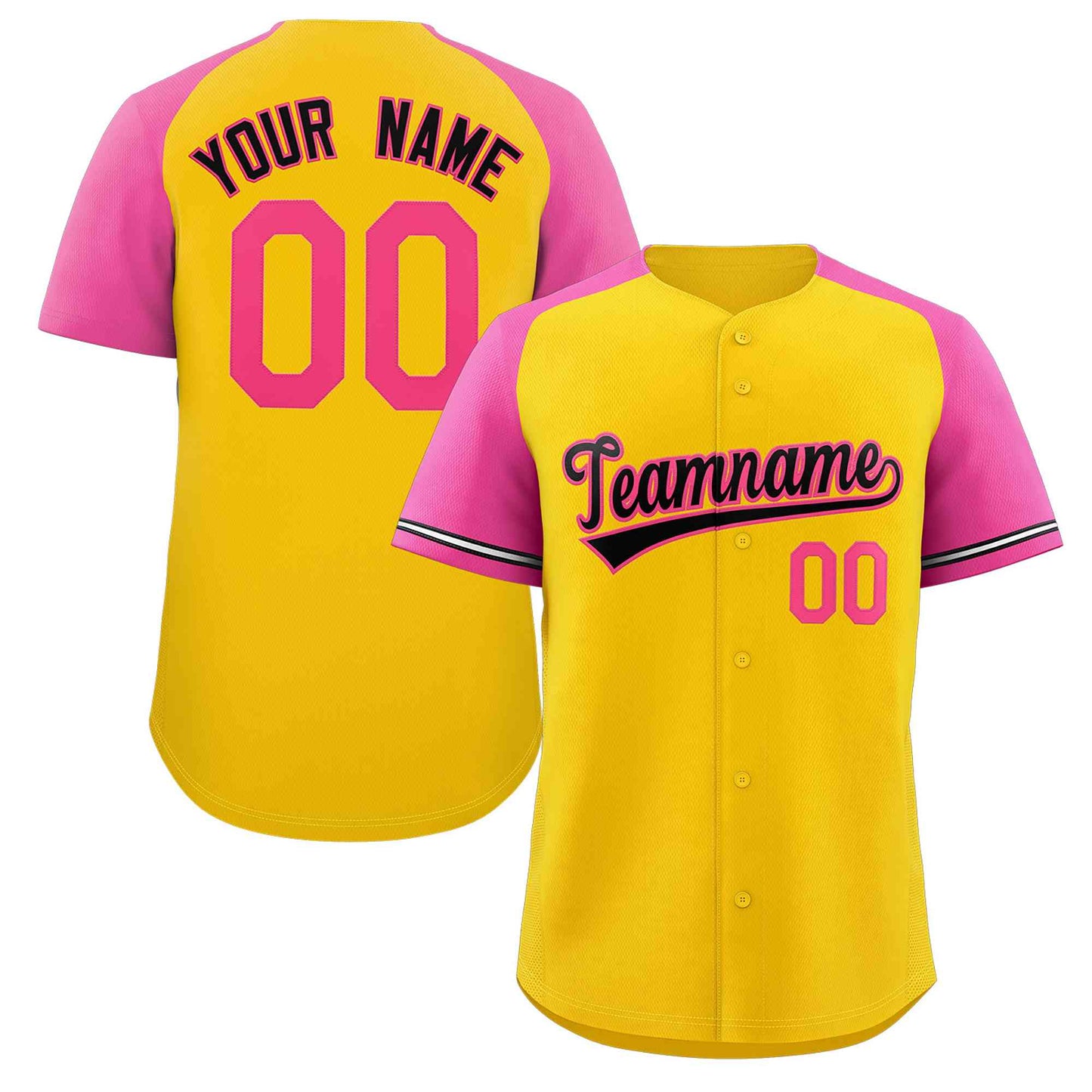 Custom Yellow Black-Pink Raglan Sleeves Authentic Baseball Jersey