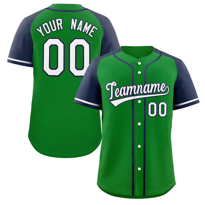 Custom Green White-Navy Raglan Sleeves Authentic Baseball Jersey