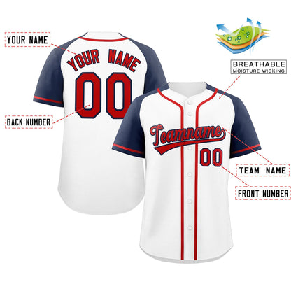 Custom White Red-Navy Raglan Sleeves Authentic Baseball Jersey