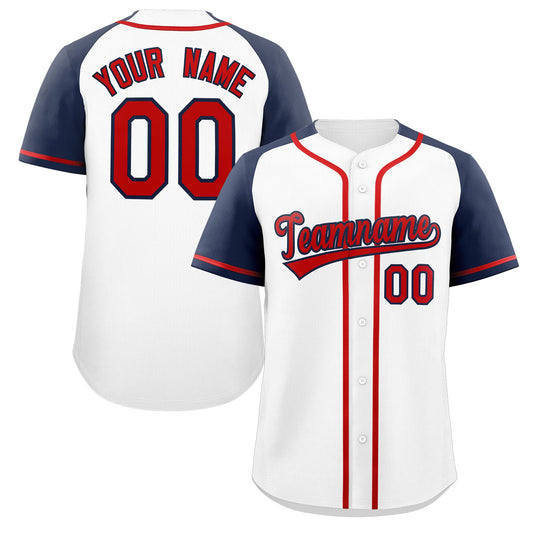 Custom White Red-Navy Raglan Sleeves Authentic Baseball Jersey