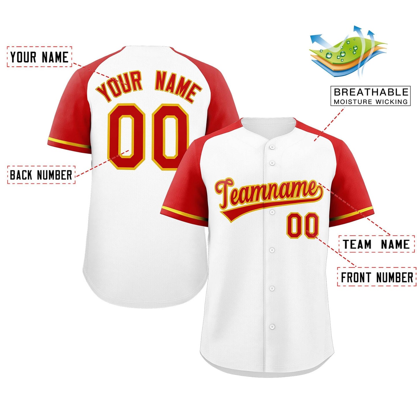 Custom White Red-Yellow Raglan Sleeves Authentic Baseball Jersey