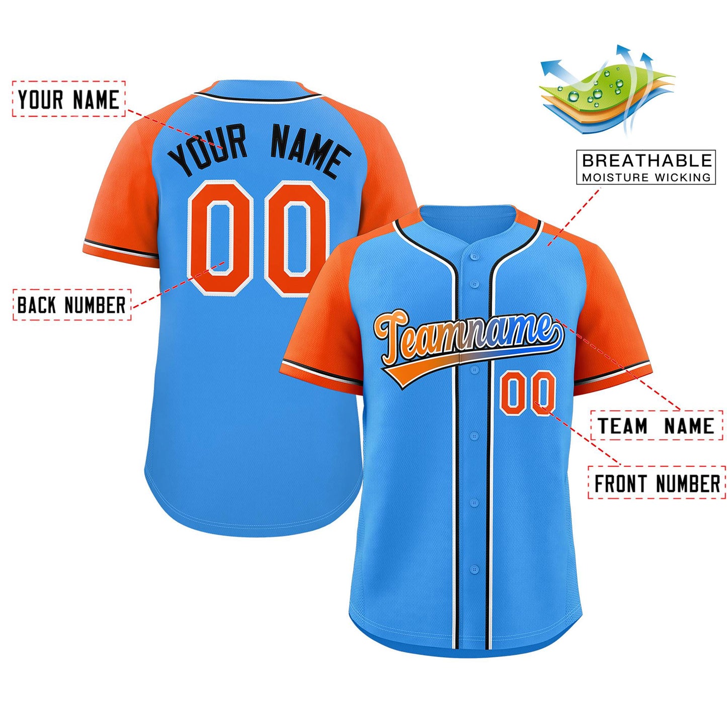 Custom Powder Blue Raglan Sleeves Authentic Baseball Jersey