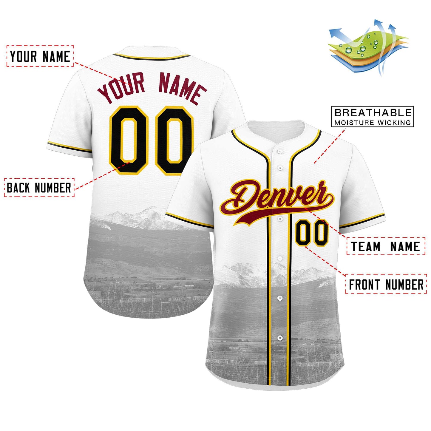 Custom White Crimson-Yellow Denver City Connect Baseball Jersey