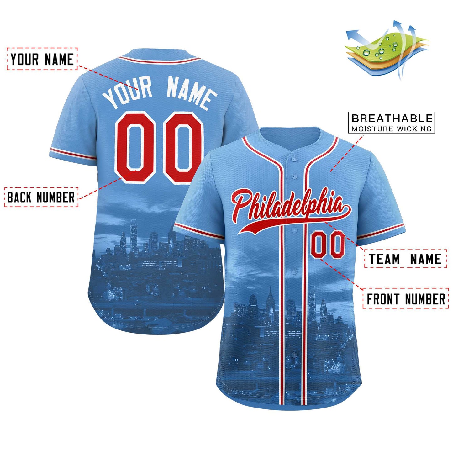 Custom Powder Blue Red-White Philadelphia City Connect Baseball Jersey