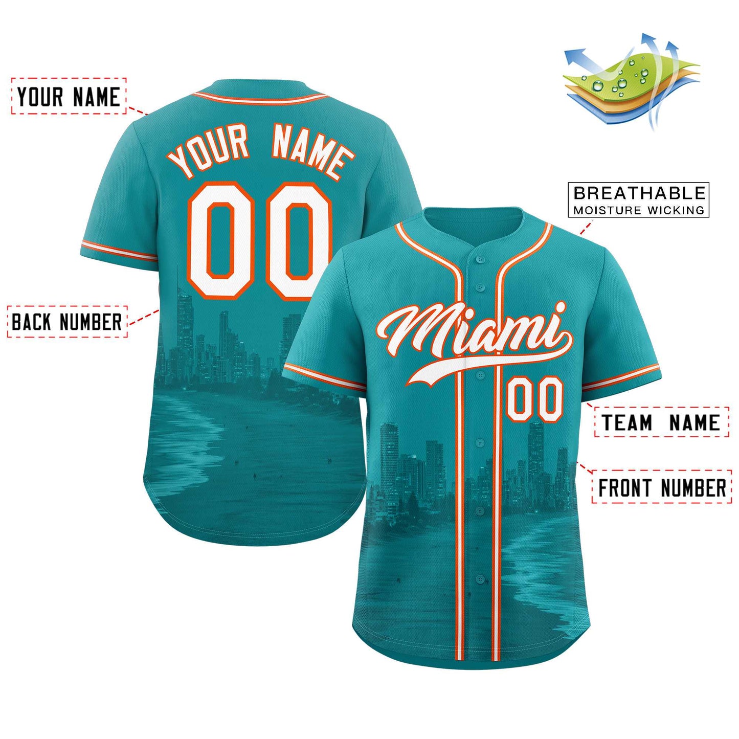 Custom Aqua White-Orange Miami City Connect Baseball Jersey