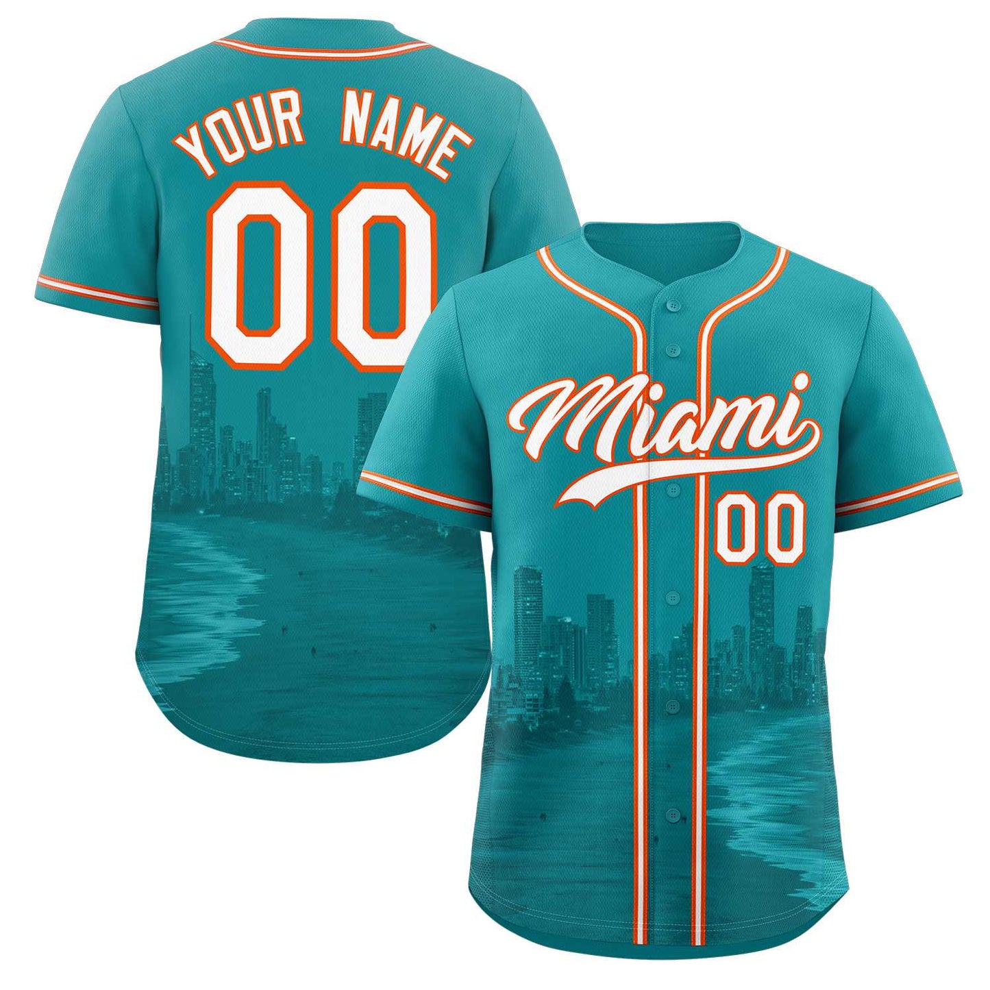 Custom Aqua White-Orange Miami City Connect Baseball Jersey