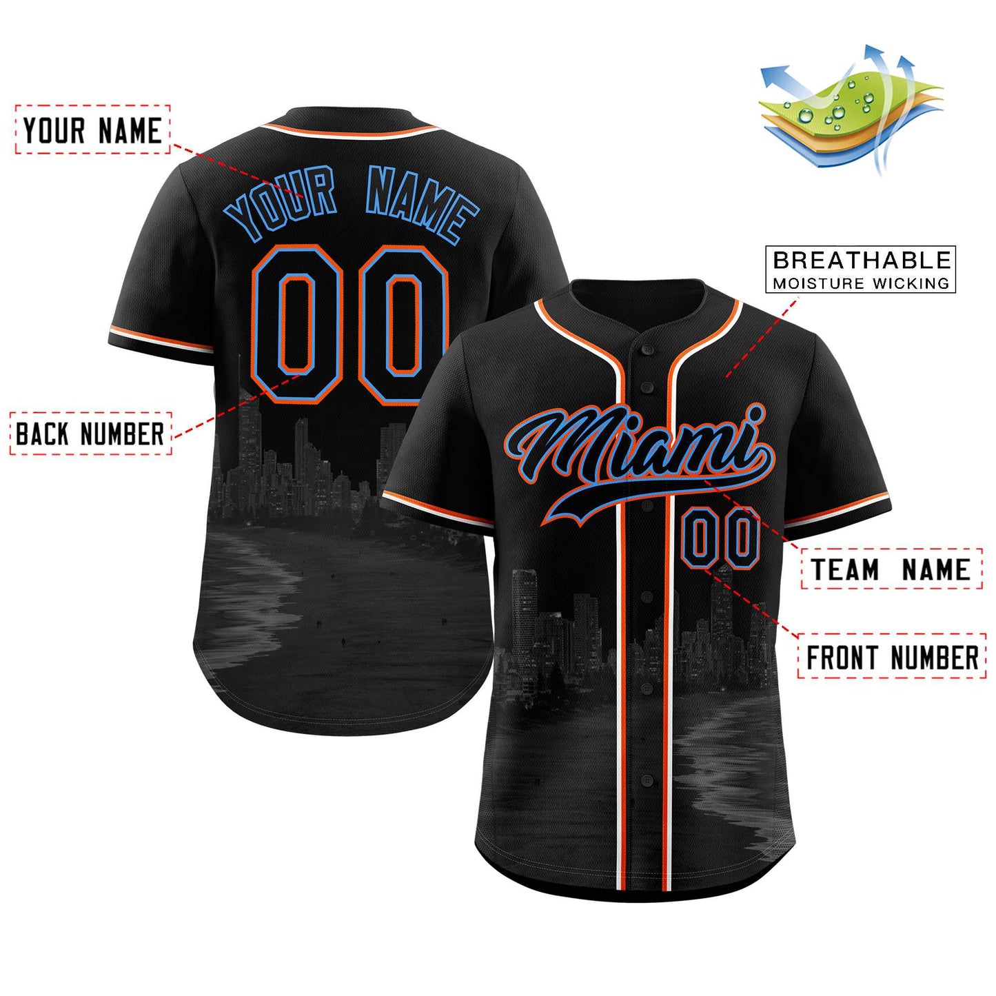 Custom Black Black-Powder Blue Miami City Connect Baseball Jersey