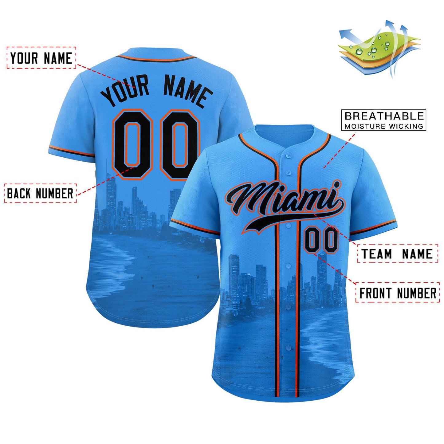 Custom Powder Blue Black-Powder Blue Miami City Connect Baseball Jersey